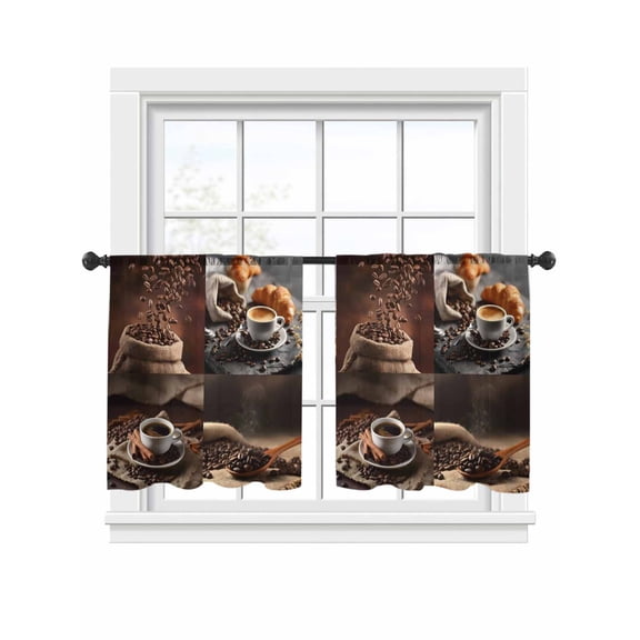 Coffee Beans Sheer Curtains 2 Panels Set Vintage Country Hot Coffee Bread Sheer Window Curtains Light Filtering Rod Pocket Voile Drapes for Bedroom Living Room 52"x45"