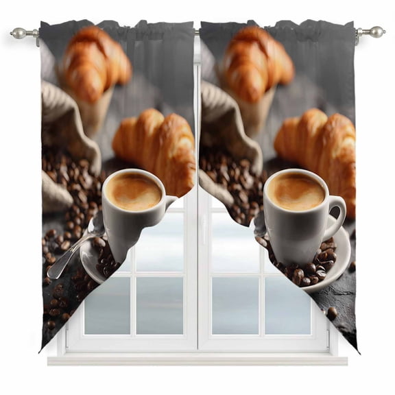 Coffee Beans Swag Curtains for Living Room/Bedroom, Hot Latte Cup Bread Rustic Cafe Time Swag Kitchen Curtain Valances for Windows, Tier Topper Scalloped Curtain 2 Panels, 56"W x 36"L