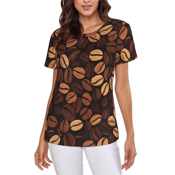 Coffee Beans T-Shirt Crew Neck Short Sleeve Full-Print for Women