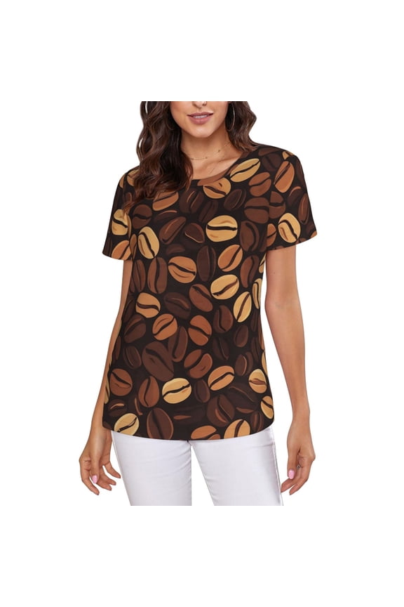 Coffee Beans T-Shirt Crew Neck Short Sleeve Full-Print for Women