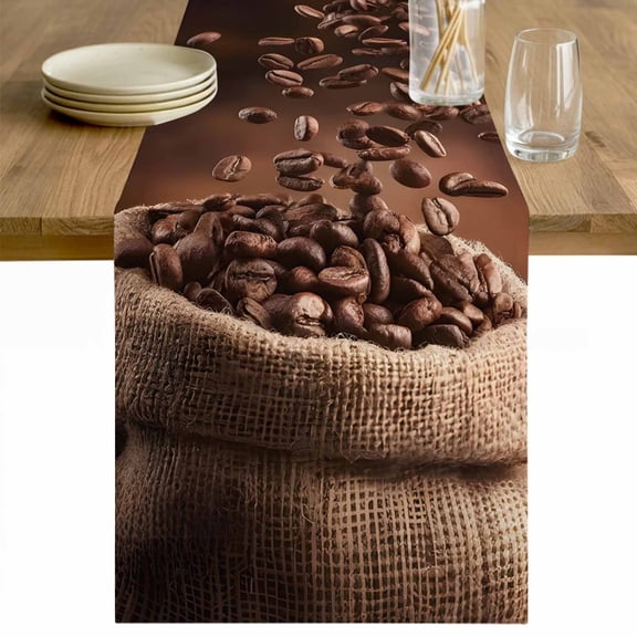 Coffee Beans Table Runner - 36 Inch Long Dark Brown Falling Cafe Bean Sacks Modern Cotton and Linen Blended Dress Scarves Farmhouse Table Runner for Kitchen Dining, Coffee Table, 13" x 36"