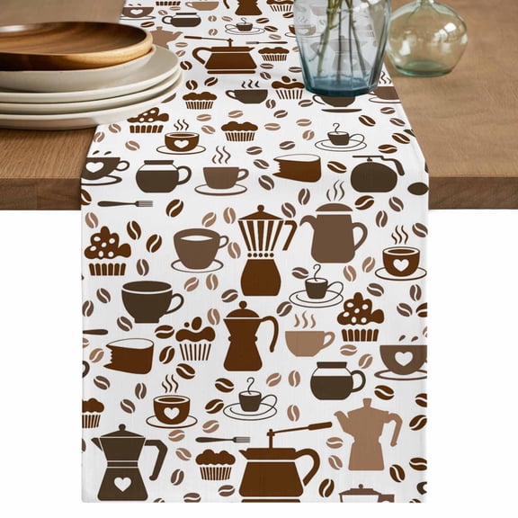 Coffee Beans Table Runner 36 Inches, Funny Cartoon Brown Cake Hot Chocolate Cup Bed Runner Dresser Scarves Tabletop for Indoor Outdoor Parties/Ceremony/Banquet, 13"x 36"