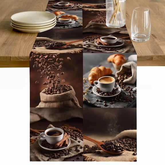 Coffee Beans Table Runner - 60 Inch Long Brown Hot Cafe Latte Cup Drink Country Cotton and Linen Blended Dress Scarves Farmhouse Table Runner for Kitchen Dining, Coffee Table, 13" x 60"