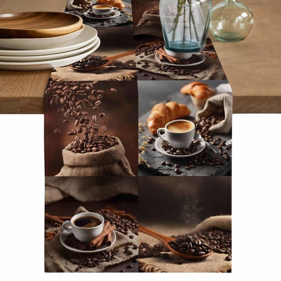 Coffee Beans Table Runner, Brown Hot Cafe Latte Cup Drink Country Washable Cotton Linen Table Runners 36 Inches Long, Dresser Scarf Runner for Nightstand/End Tables/Round Tables 13''x36''