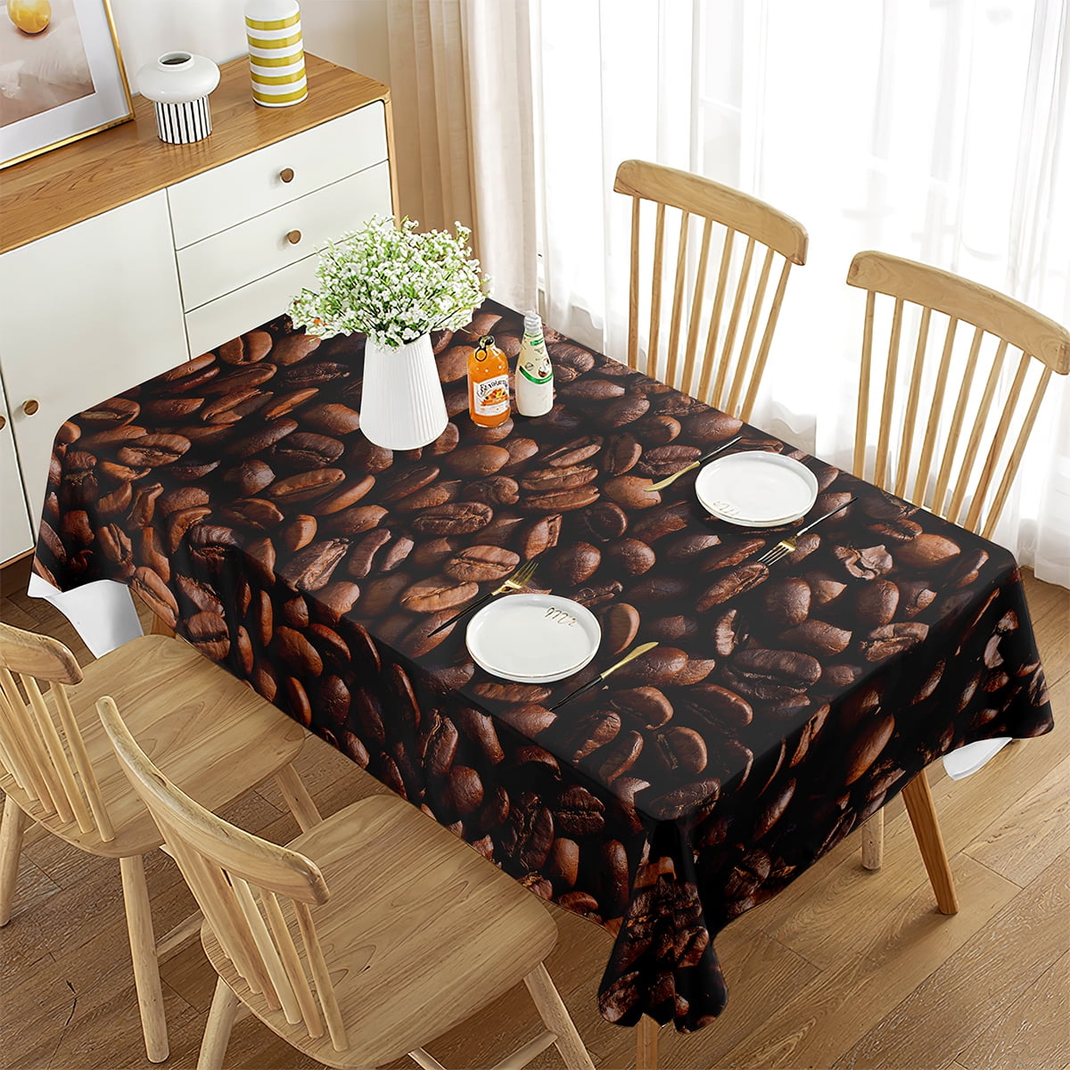 Coffee Beans Tablecloth Yin and Yang Pattern Table Cover Rectangle for