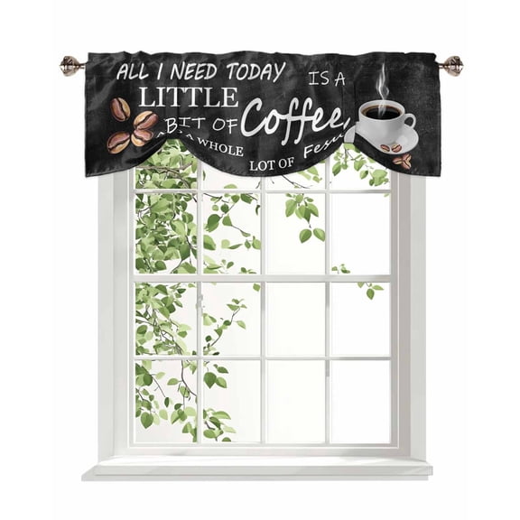 Coffee Beans Tie Up Valances Curtain, Adjustable Kitchen Coffee Cup Letterings Black Valances for Windows Decor, Rod Pocket Short Curtains Set for Bedroom/Bathroom, 42"x12"