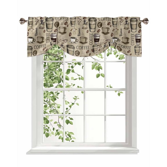 Coffee Beans Tie Up Valances Curtain, Adjustable Kitchen Vintage Abstract White Brown Coffee Cups Khaki Valances for Windows Decor, Rod Pocket Short Curtains Set for Bedroom/Bathroom, 54"x18"