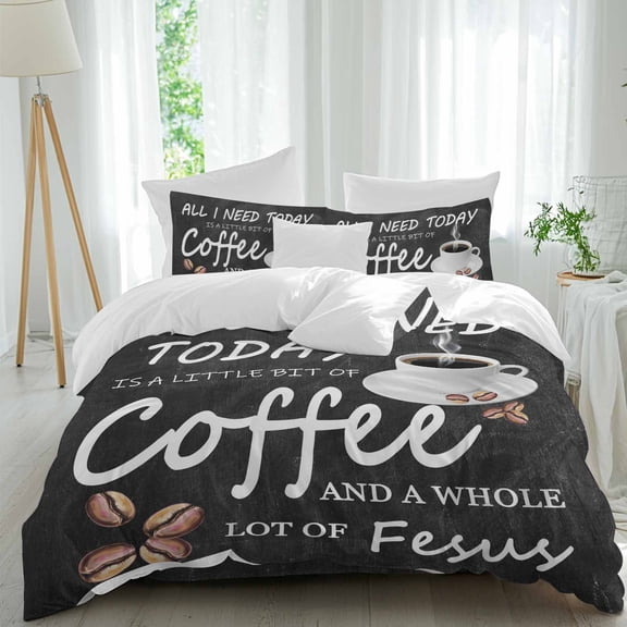 Coffee Beans Twin Size Comforter Set, Coffee Cup Letterings Black Bedding for All Seasons, 4 Pcs Bed Set, 1 Quiltcover (68"x86") ,1Sheet(67"x116"), 2Pillowcases (30"x20")