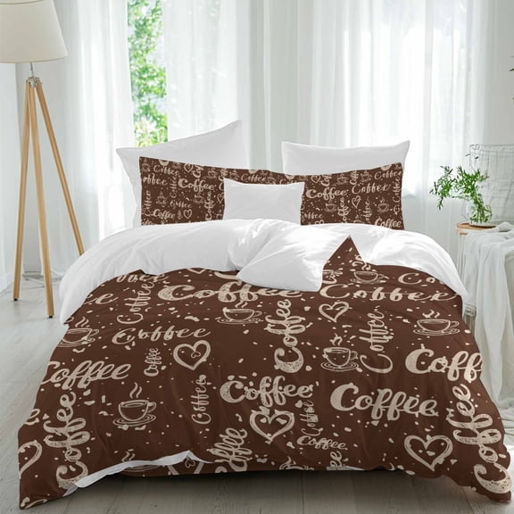 Coffee Beans Twin Size Comforter Set, Love Heart Vintage Brown Bedding for All Seasons, 4 Pcs Bed Set, 1 Quiltcover (68"x86") ,1Sheet(67"x116"), 2Pillowcases (30"x20")