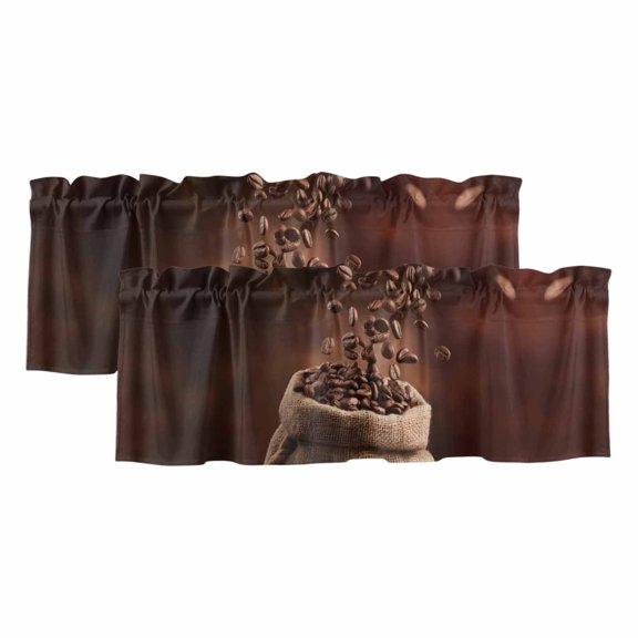 Coffee Beans Valances for Window 2 Pack, Vintage Country Bagged Coffee Beans Rod Pocket Curtains Valances Light Filtering Short Curtains for Kitchen Bedroom Bathroom 54 x 18 Inch