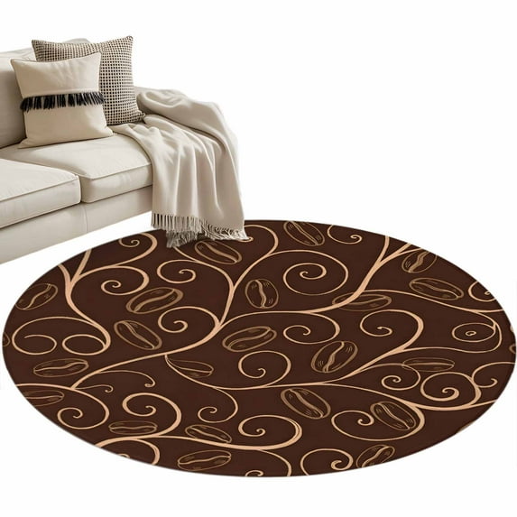Coffee Beans Washable Area Rug&nbsp;4 ft Vintage Brown Floral Branch Soft Round&nbsp;Rugs for Living Room, Non Slip Carpet for Bedroom&nbsp;Entryway Dining Room