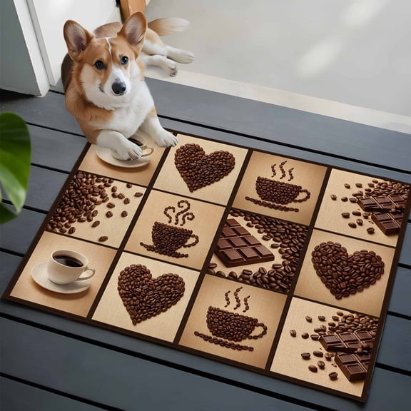 Coffee Beans Washable Entry Rug 2x3 Country Heart Coffee Bean Chocolate Patchwork Low Pile Indoor Door Mat with Rubber Backing Thin Area Rug for for Entrance, Bedroom, Kitchen, Laundry, Bathroom