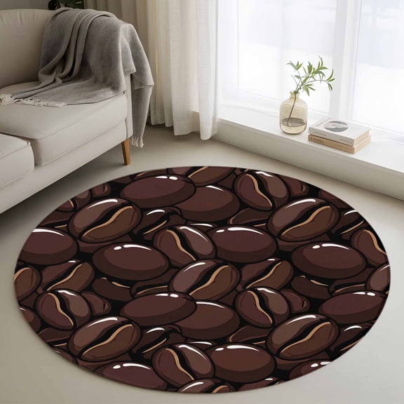 Coffee Beans Washable Round Area Rug 4 ft, Country Dark Brown Coffee Bean Pattern , Soft Non Slip Rugs Stain Repellent Indoor Felt Carpet for Living Dining Room Bedroom Home Office