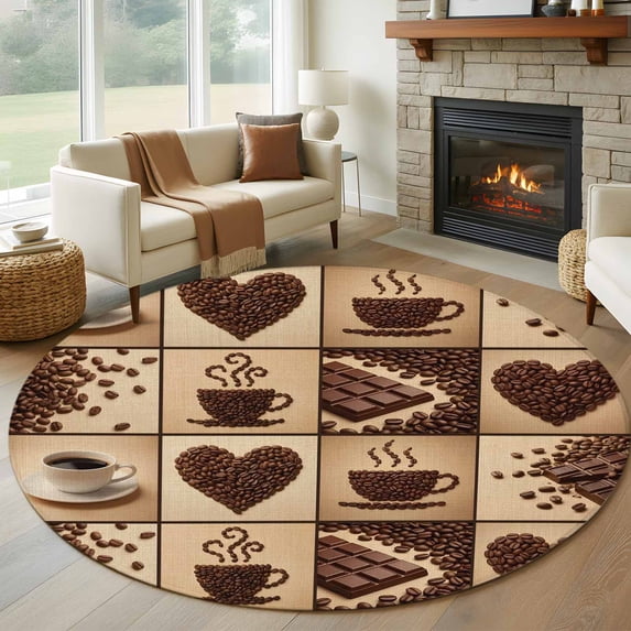 Coffee Room Rug Coffee Beans Washable Round Area Rug 5 ft, Country Heart Coffee Bean ...