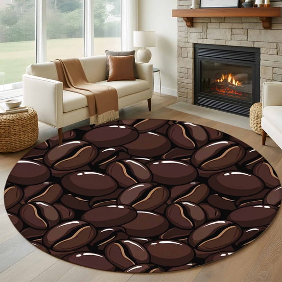 Coffee Beans Washable Round Area Rug 6 ft, Country Dark Brown Coffee Bean Pattern , Soft Non Slip Rugs Stain Repellent Indoor Felt Carpet for Living Dining Room Bedroom Home Office