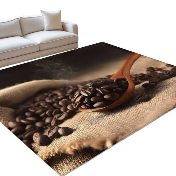 Coffee Beans Washable Rug 9x12 Area Rug for Living Room Bedroom Non Slip Indoor Floor Rectangle Carpet Low Pile Large Vintage Wooden Spoon Dark Brown Cafe Bean Entryway Rugs for Dining Room Office