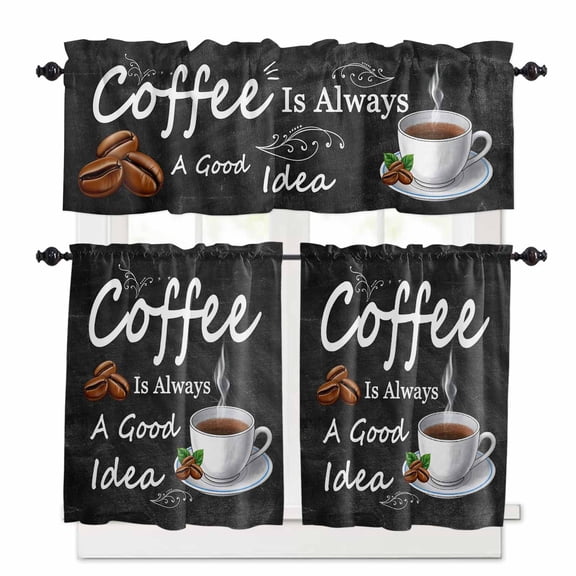 Coffee Beans Window Curtains Valance Set of 3 Coffee Cup Letterings Art Print Rod Pocket Small Kitchen Curtain, Soft Window Treatment for Bedroom Party Holiday Decor