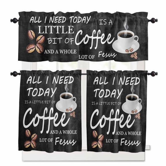 Coffee Beans Window Curtains Valance Set of 3 Coffee Cup Letterings Black Rod Pocket Small Kitchen Curtain, Soft Window Treatment for Bedroom Party Holiday Decor
