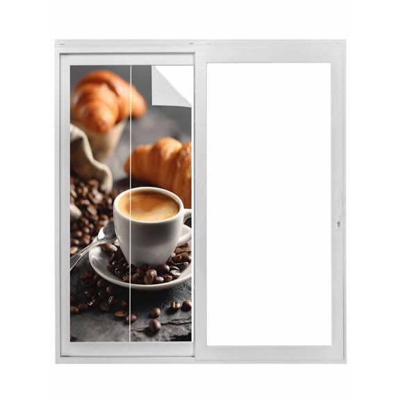 Coffee Beans Window Privacy Film, Hot Latte Cup Bread Rustic Cafe Time Static Cling UV Sun Blocking Tint Film Heat Control Windows Films for Bedroom Bathroom, Window Stickers 17.7"x39.3"