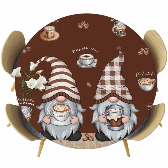 Coffee Beans on Linen Fitted Round Tablecloths Elastic Edged Table Covers 36"-44",Waterproof Table Cloth for Kitchen Holiday Party Tables Decor