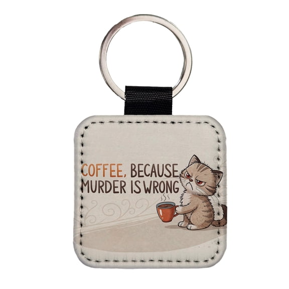 Coffee Because Murder Is Wrong Funny Angry Kitten Faux Leather Square Keychain