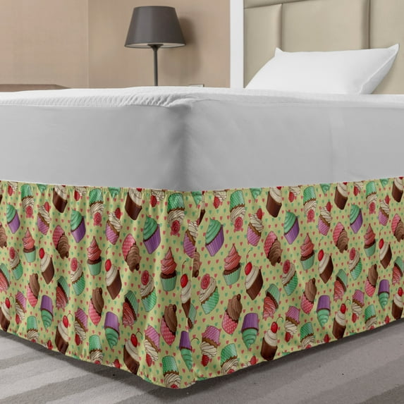 Coffee Bed Skirt, Coffee Shop Bakery Inspired Tasty Cupcake Pattern on a Polka Dot Hearts Backdrop, Elastic Bedskirt Dust Ruffle Wrap Around for Bedding Decor, 4 Sizes, Multicolor, by Ambesonne