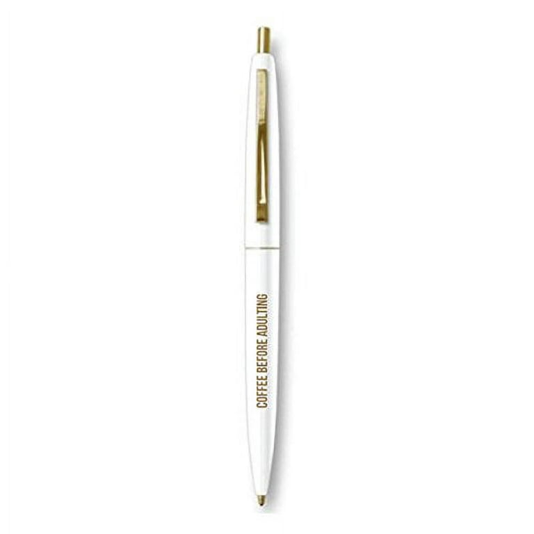 Coffee Before Adulting White Refillable Black Ink Ballpoint Click Clic Pen  with Gold Accents