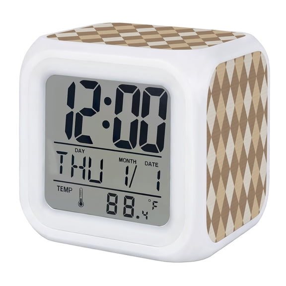Coffee Beige Rhombus Digital Alarm Clock for Bedrooms, Smart LED Alarm Clock with 7 Color Changing Night Light, Classic Geometric Traditional Silent Wake Up Clocks for Sleep Study Cooking 3.2"x3.2"