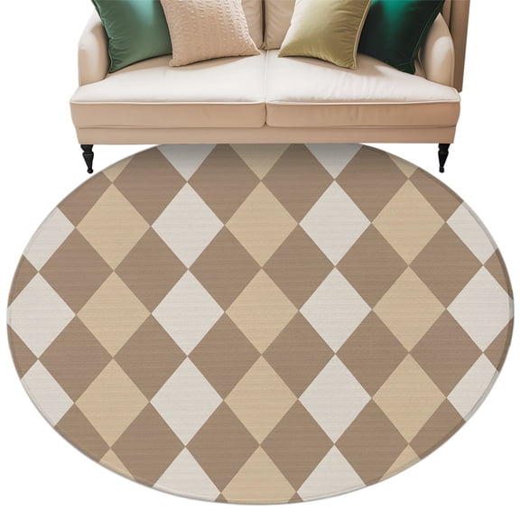 Coffee Beige Rhombus Round Area Rug 5ft Washable Large Round Rug for Living Room, Soft Non-Slip Circle Rugs for Dining Room, Classic Geometric Traditional Floor Carpet for Bedroom Entryway Office