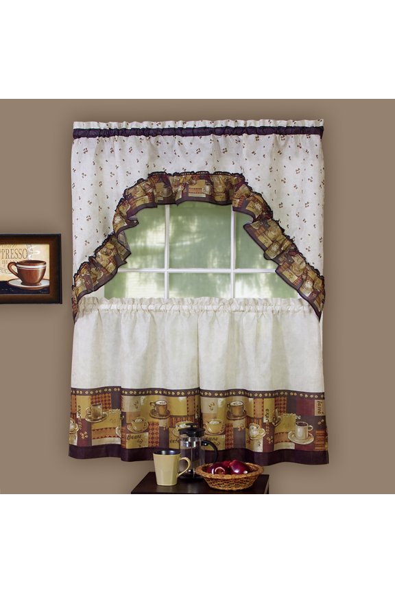 Coffee Bistro Kitchen Curtain Tier and Swag Set - 36 in. Long