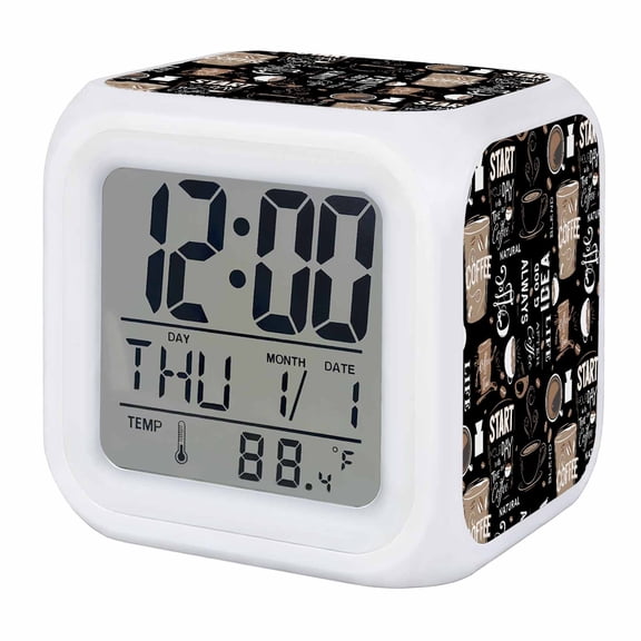 Coffee Black Digital Alarm Clock for Bedrooms,Smart LED Alarm Clock with 7 Color Changing Night Light,Brown Beans Cup Dessert Drink Monochrome Silent Wake Up Clocks for Sleep Study Cooking 3.2"x3.2"