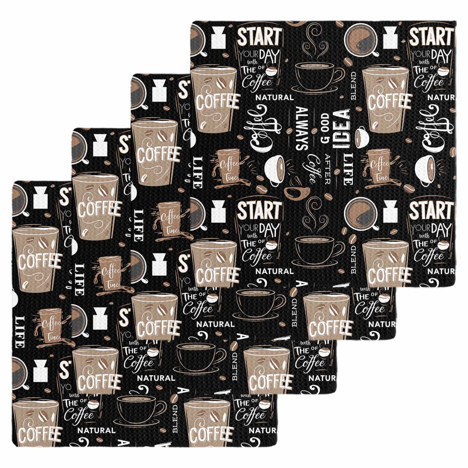 Coffee Black Dish Towels Set, Waffle Weave Kitchen Towels 4 Pieces, Brown Beans Cup Dessert Drink Monochrome Microfiber Hair Face Bath Tea Towel Absorbent Quick Drying Cleaning Dish Cloths 12"x12"
