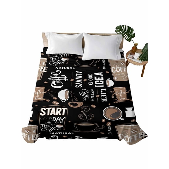 Coffee Black Flat Sheet Only Twin Size, Soft Breathable Bed Top Sheets for Mattress, Brown Beans Cup Dessert Drink Monochrome Luxury Bedding Flat Sheets for Home Hotel Bedroom Bed Protection