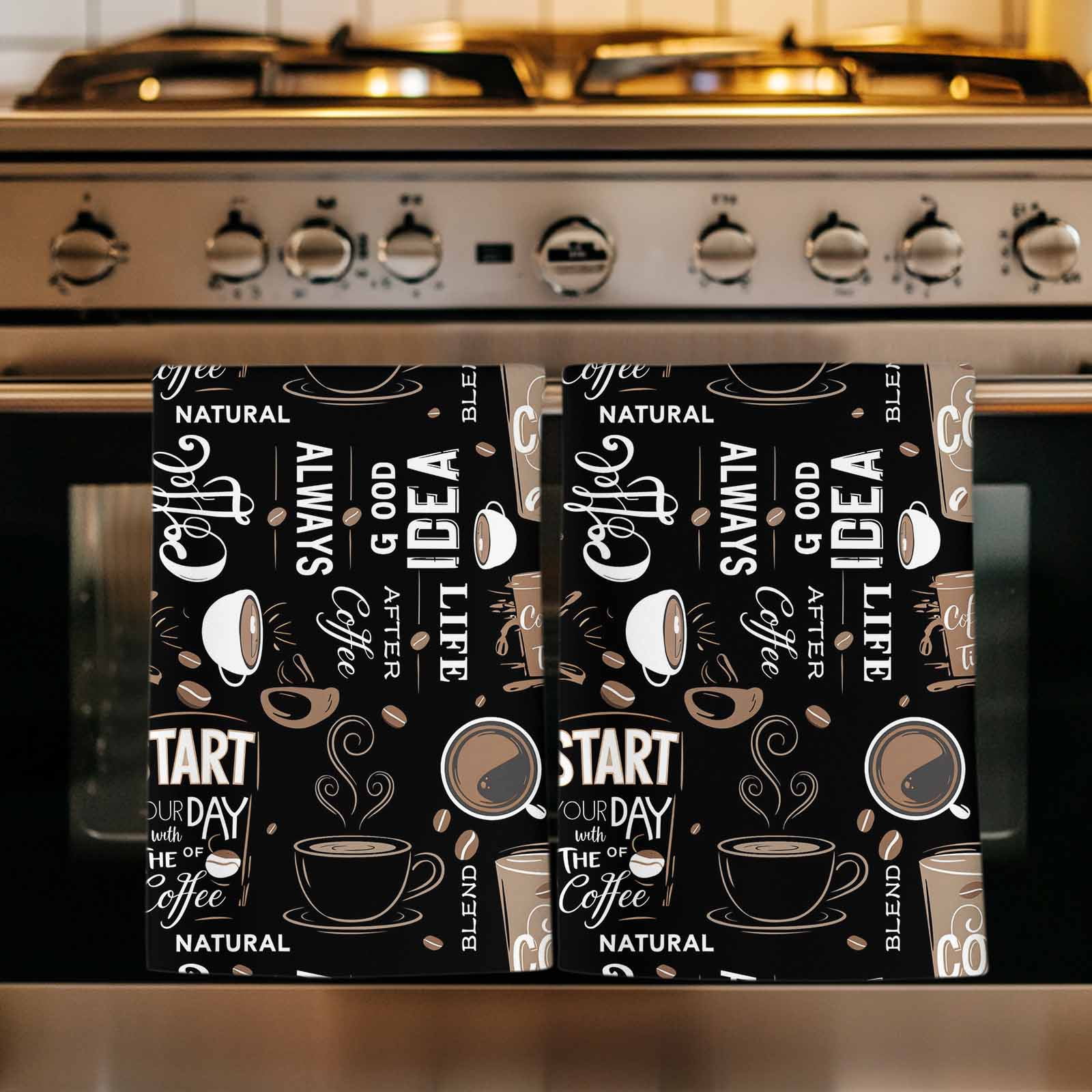 Coffee Black Kitchen Towels Set of 2, Brown Beans Cup Dessert Drink Monochrome Absorbent Dish Towels for Kitchen, Microfiber Hand Towel, Quick Drying Tea Towel for Cleaning Decorative Dishcloths