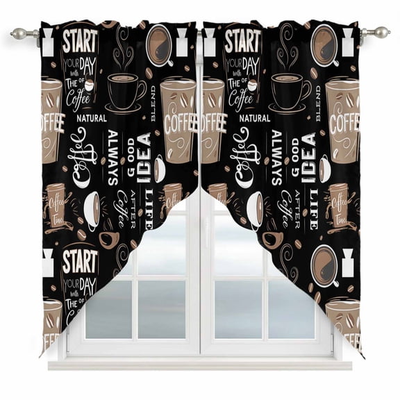 Coffee Black Kitchen Window Curtains, Swag Curtains Valance for Bedroom Living Room Bathroom, Brown Beans Cup Dessert Drink Monochrome Rod Pocket Window Curtain Block Drapes 2 Panels 28"x36"