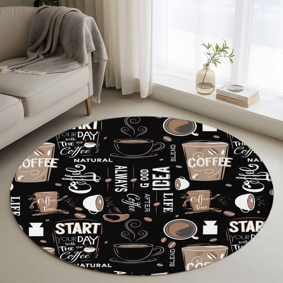 Coffee Black Round Area Rug 3.3 FT, Non Slip Small Entryway Kitchen Mat, Brown Beans Cup Dessert Drink Monochrome Washable Soft Circular Rug Non-Shedding Door Mat for Bathroom Playroom Kids Room
