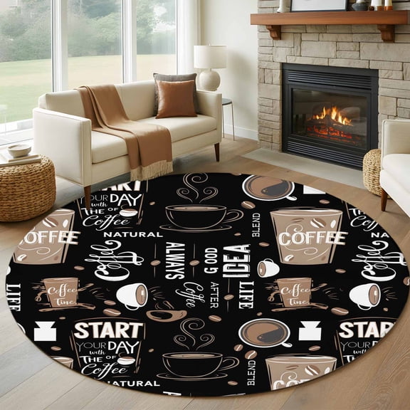 Coffee Black Round Area Rug 7 FT,Non Slip Living Room Area Carpet,Brown Beans Cup Dessert Drink Monochrome Washable Soft Circular Rug Non-Shedding Floor Carpet for Bedside Office Play Room Classroom
