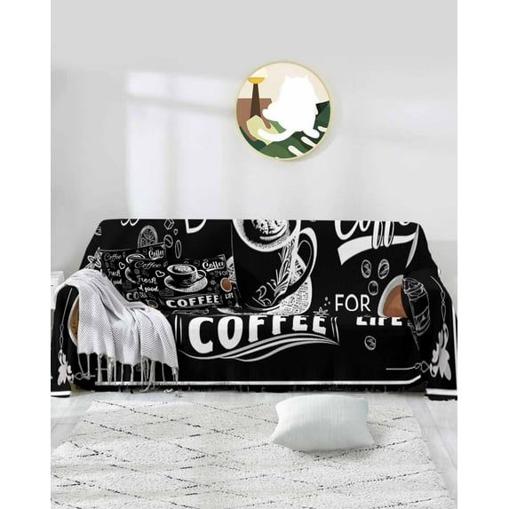 Coffee Black Sofa Covers for 3 Cushion Couch,Washable Sectional & L Shape Couch Covers for Dog/Cat/Kid,Coffee Beans Casual Afternoon Tea Cake Non Slip Sofa Slipcover Tassel Futon Cover 71x150