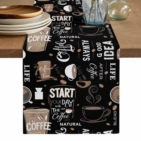 Coffee Black Table Runner, Brown Beans Cup Dessert Drink Monochrome Washable Cotton Linen Table Runners 90 Inches Long, Dresser Scarf Runner for Dining/Coffee/Kitchen/Hallway Tables 13''x90''