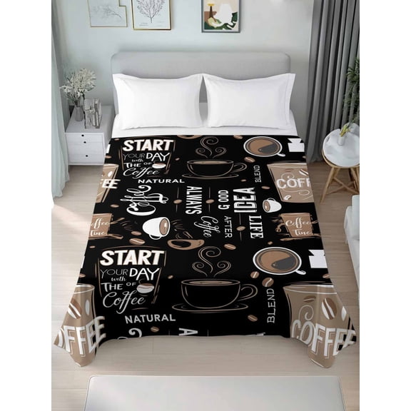 Coffee Black Twim Size Flat Sheet, Wrinkleproof & Fadeproof Cooling Flat Bed Sheet Only, Brown Beans Cup Dessert Drink Monochrome Breathable Soft Bedding Top Sheets 66 x 96 Inches
