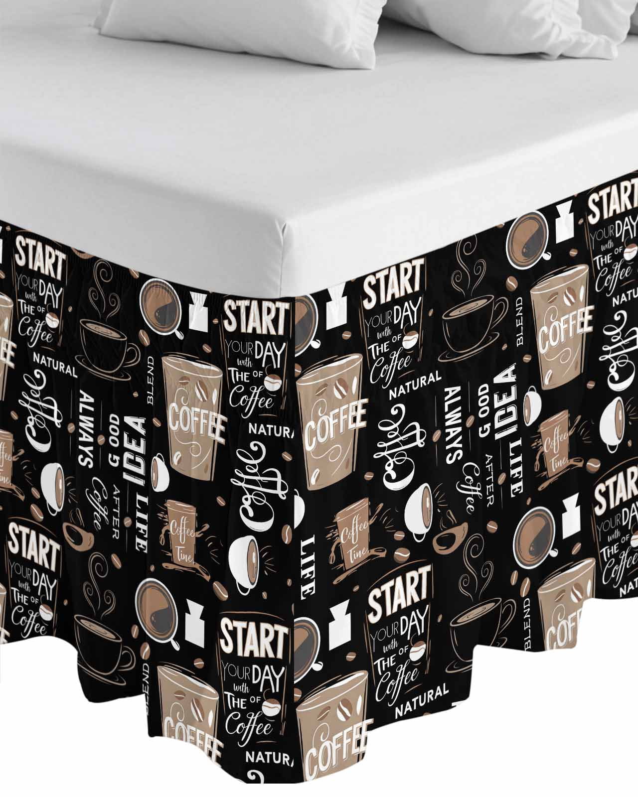 Coffee Black Wrap Around Bed Skirts for Queen Bed 16" Drop,Bed Skirt with Adjustable Elastic Belt Dust Ruffle Bed Valance for Bedroom Hotel Brown Beans Cup Dessert Drink Monochrome Bed Frame Cover