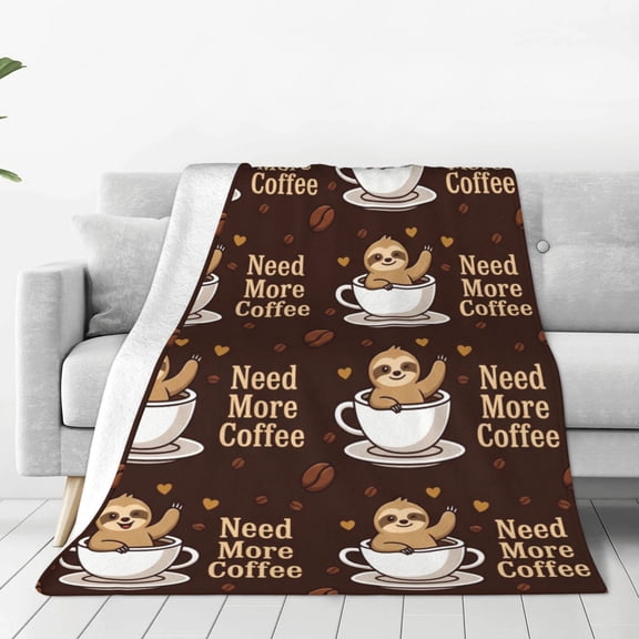 Coffee Blanket, Flannel Cute Sloth Drinking Coffee Pattern, All Season Throw, Soft Warm Cozy Plush Blanket 50x40