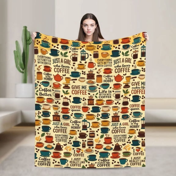 Coffee Blanket, Flannel Playful Cafe Doodle Pattern, All Season Throw, Soft Warm Cozy Plush Blanket 50x40