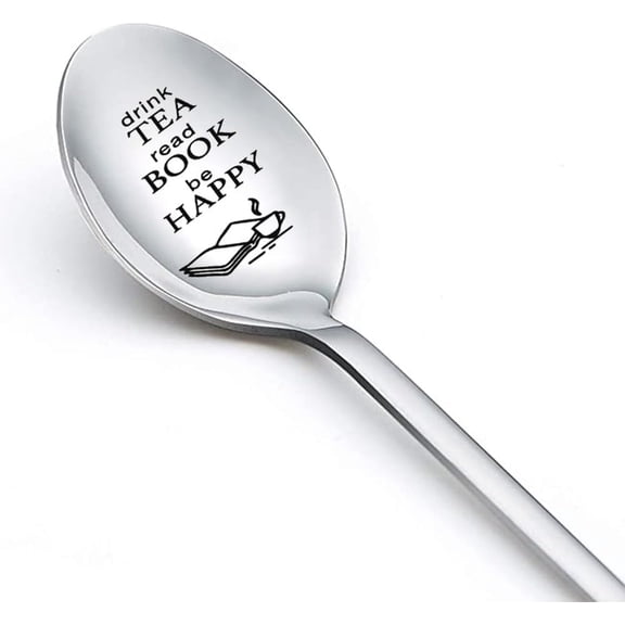 Coffee Book Gift Spoons for Women Men Drink Coffee Read Book be Happy Spoon for Son Coworker Coffee Book Lovers Gifts for Student Christmas Birthday Gifts Engraved Spoon