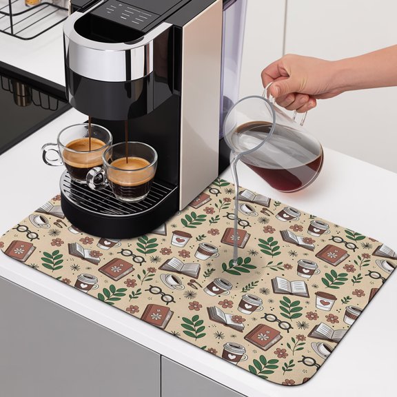 Coffee Books Dish Drying Mats for Kitchen Counter, Retro Books Coffee Cups Sunglasses Floral Leaf Khaki Absorbent Coffee Bar Mat with Non-slip Rubber Backed Quick Drying Dish Rack Pad 12"x16"