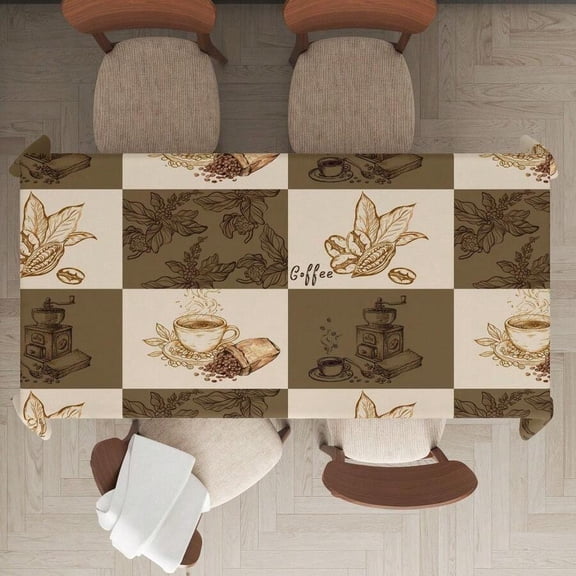 Coffee Botanical Checkerboard Tablecloth FX-90x140cm, Faux Fabric, Brown & Beige Print for Kitchen Dining