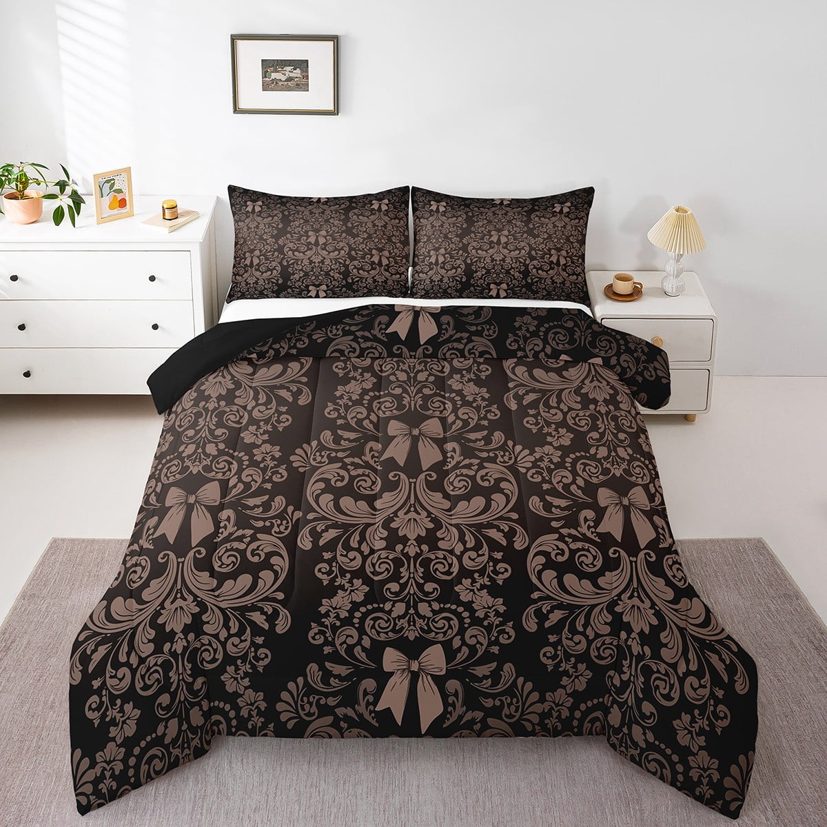 Coffee Bow Knot Comforter Set Antique Victorian Damask Queen Bedding ...