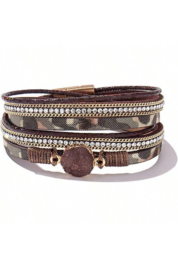 Coffee Bracelet With Crystal Chain And Resin Stone Cuff