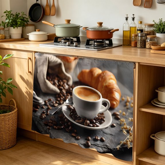 Coffee Bread Cabinet Curtains 35" W x 35" L Modern Hot Coffee Cup Croissant Waterproof Adhesive Kitchen Under Sink Curtain Dust-Proof Dishwasher Skirt for Closet