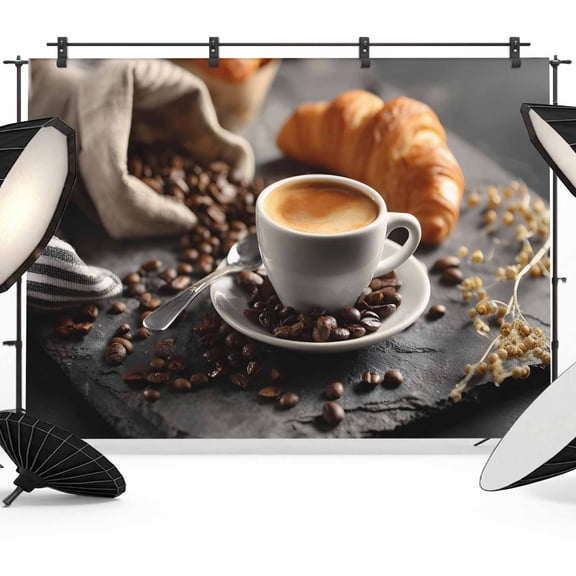 Coffee Bread Photography Backdrop 7x5FT, Modern Hot Coffee Cup Croissant Photo Backdrops, Background for Photography Studio Photo Studio Background, Back Drop for Photoshoot